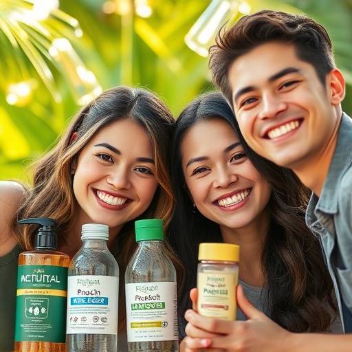 Collage di immagini da una campagna pubblicitaria per 'BioEssenza', mostrando prodotti naturali e volti sorridenti