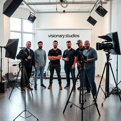 Il team di Visionari Studios riunito in un ufficio moderno con attrezzature video professionali.