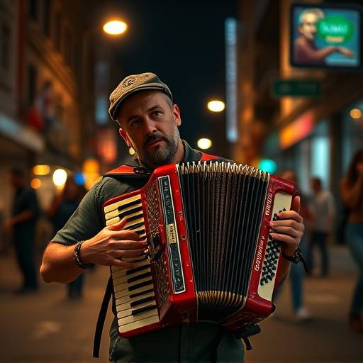 Immagine dal documentario 'Voci di Via Torino', ritraente un artista di strada che suona una fisarmonica