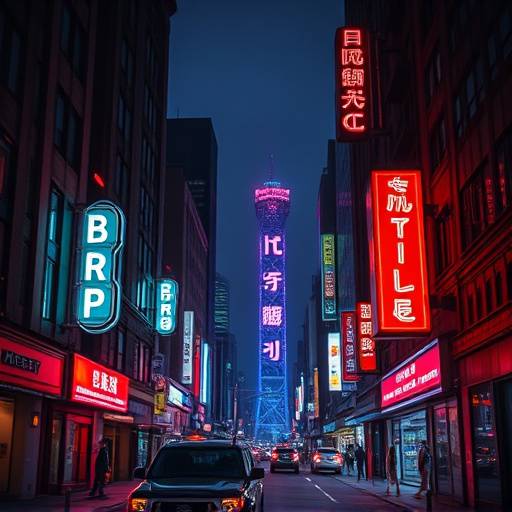 Scatto artistico dal cortometraggio 'Eco di Sogni', un paesaggio urbano notturno illuminato da luci al neon