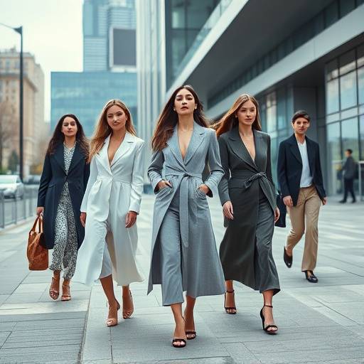 Scena di un video pubblicitario con modelli che indossano abiti eleganti in un ambiente urbano moderno.