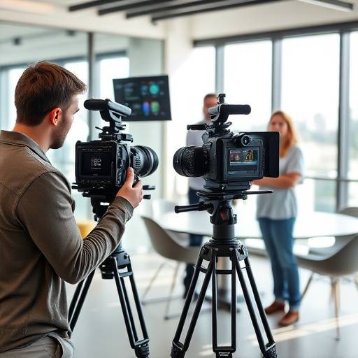 Un team di professionisti mentre filma un'intervista in un ufficio moderno.
